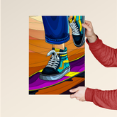 Dripster modern skateboard poster featuring colorful sneakers on a skateboard with vibrant background